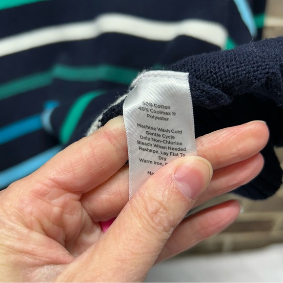 T by Talbots Coolmax Drop Shoulder Turtleneck Sweater Stripes Blue Buttons Sz 3X - Picture 6 of 7